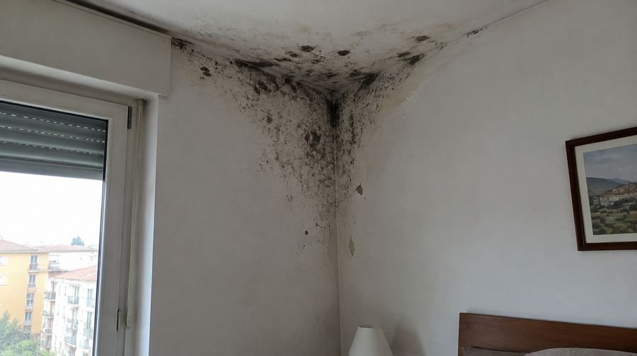 Angolo tra pareti e soffitto di una camera da letto con macchie nere di muffa