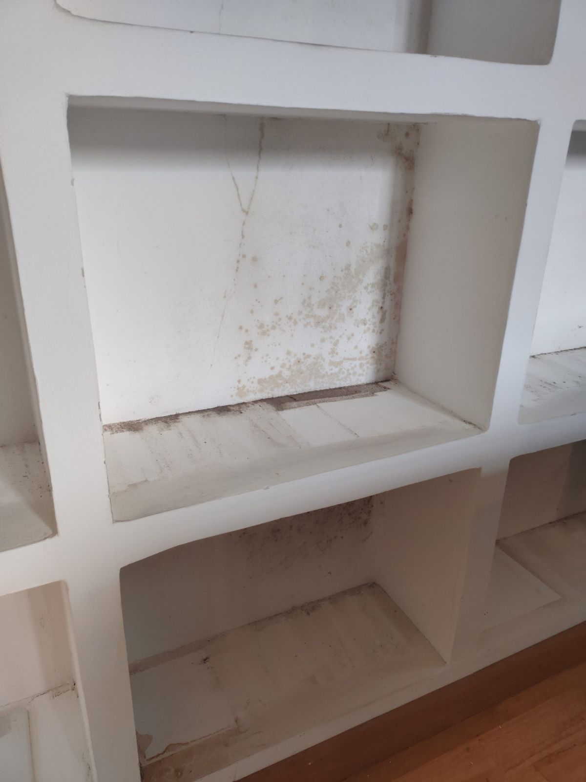 Nicchia di una libreria in muratura con macchie di muffa e umidità sulla parete di fondo